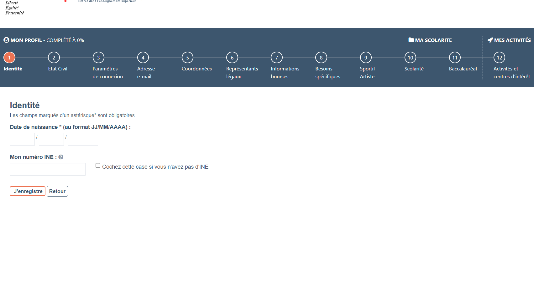interface d'inscription de parcoursup